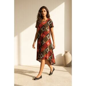 LuLaRoe Carly Dress US L Red Black Green Geometric High-Low Swing Midi Pocket